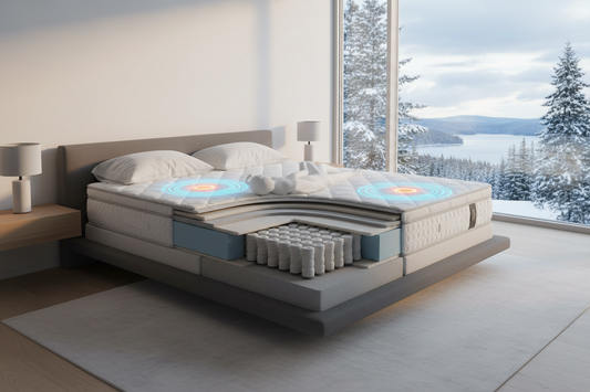 Hybrid mattress with pressure-relief comfort layer shown in a Canadian bedroom for a 2026 pressure-point relief comparison