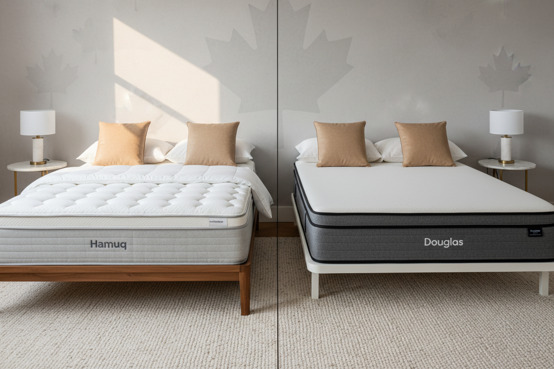 Hamuq Original Hybrid mattress on a wood bed frame beside a Douglas memory foam mattress in a bright Canadian bedroom