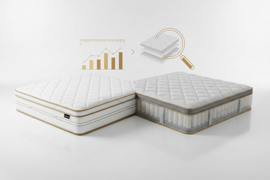 Two white hybrid mattresses side by side with a magnifying glass and chart, comparing Hamuq and Logan and Cove