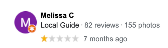 Melissa C 1-star Google review of Silk and Snow