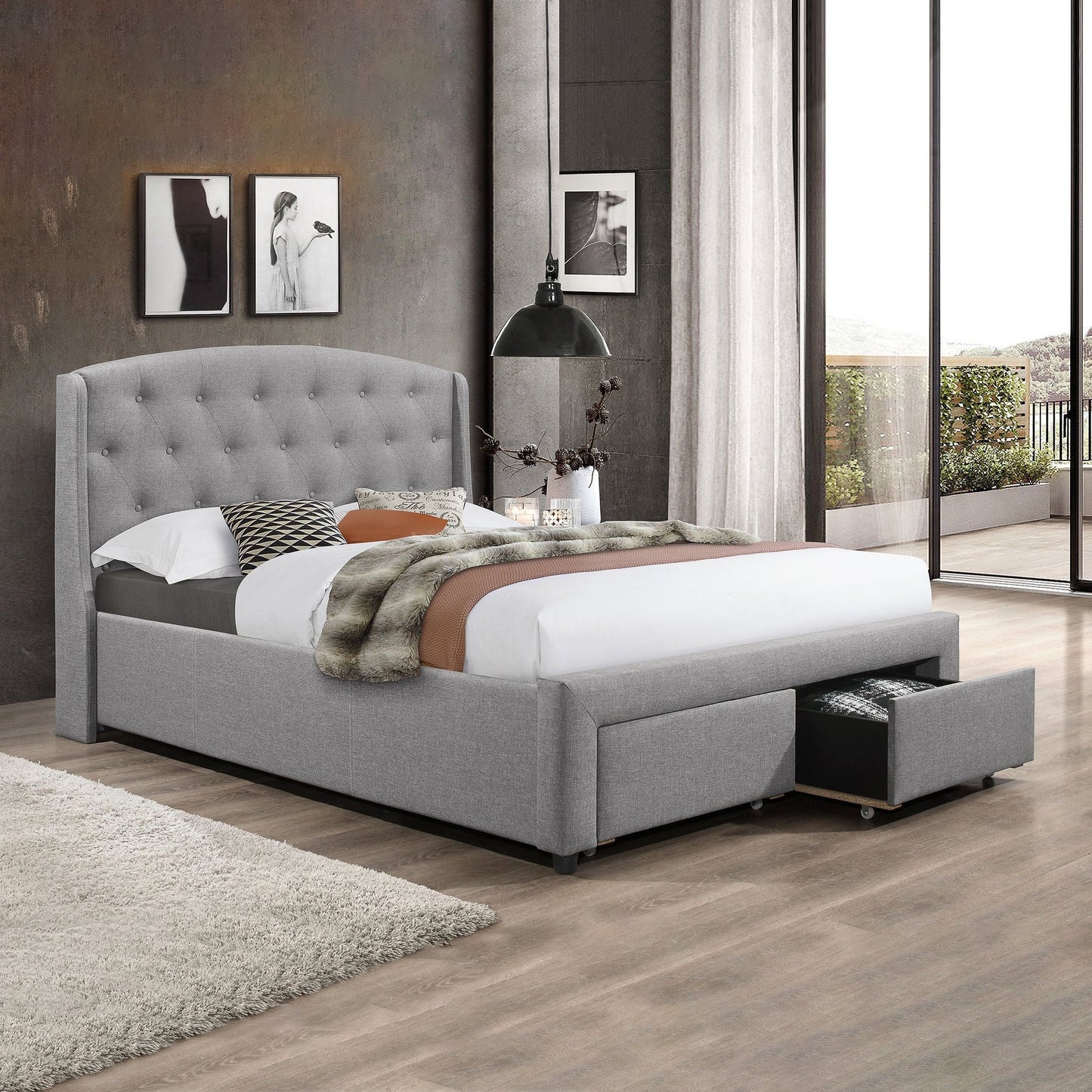 Grey Fabric Bed with 2 Front Pull Out Drawers Hamuq